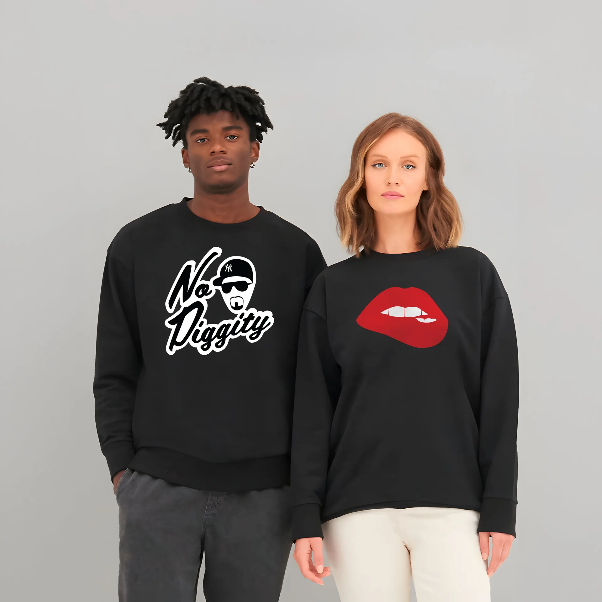 Couple wearing NDG sweatshirts